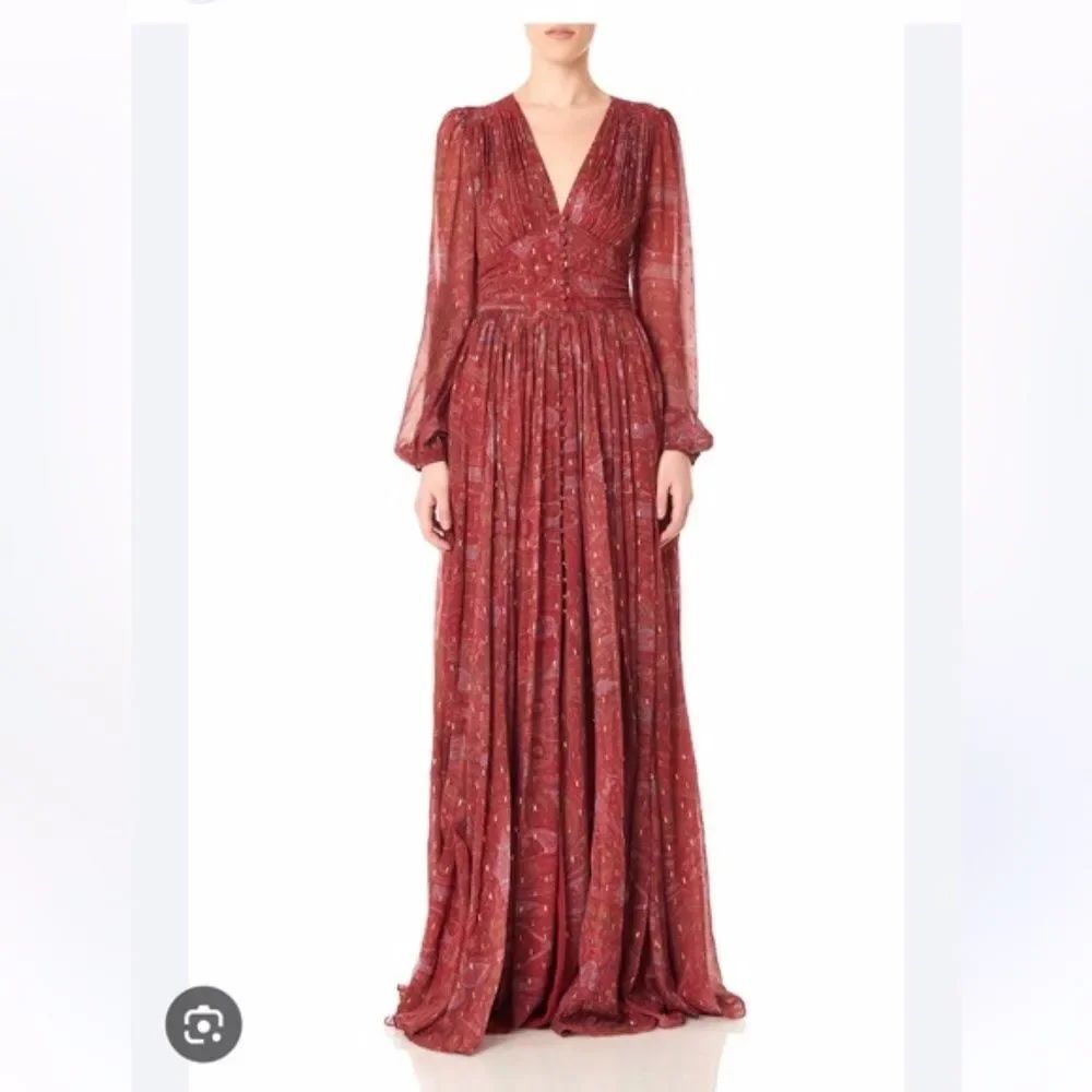 AMUR Gemini Paisley Antique Red Silk Metallic Button Front Maxi Dress Size 6